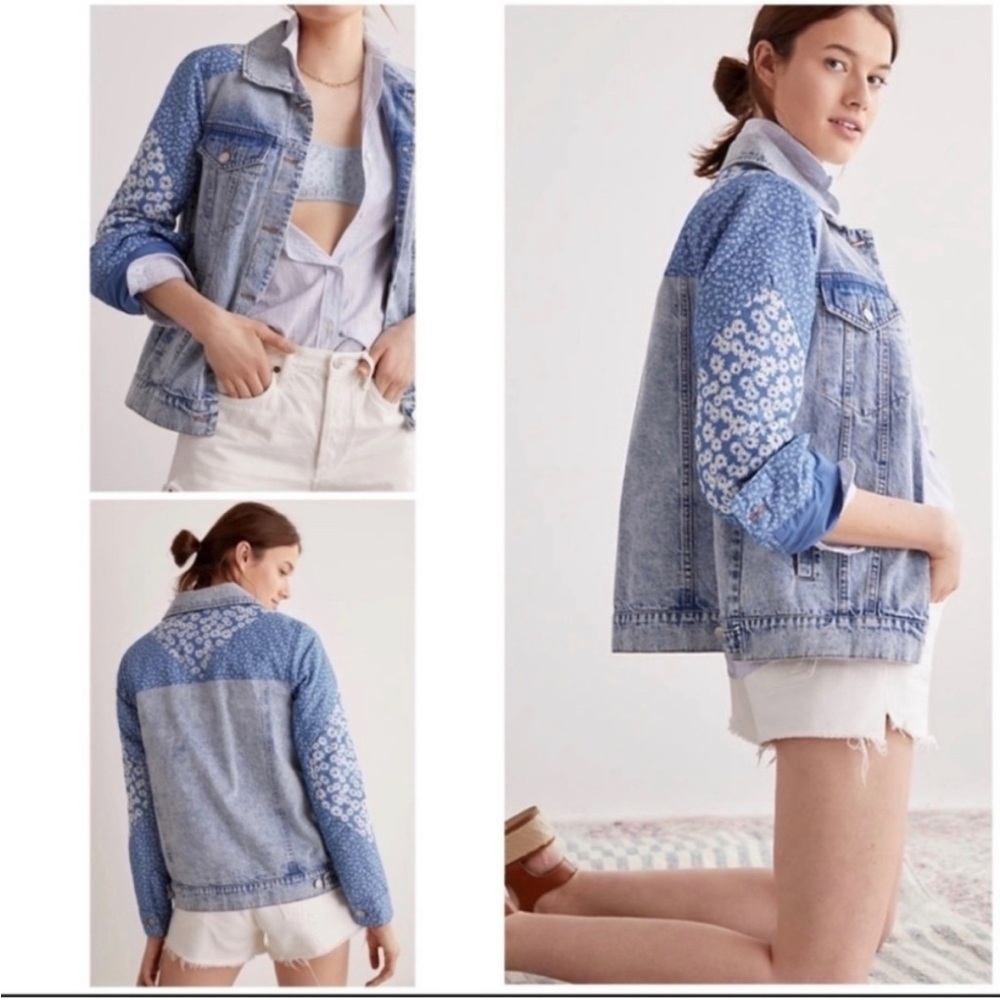 Avec Les Filles Denim Jean Jacket Quilted Patchwork Sleeves women's size XL